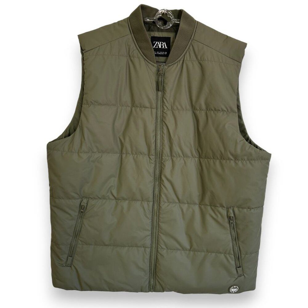 Zara rubberized gilet vest army green puffer men's large NWOT